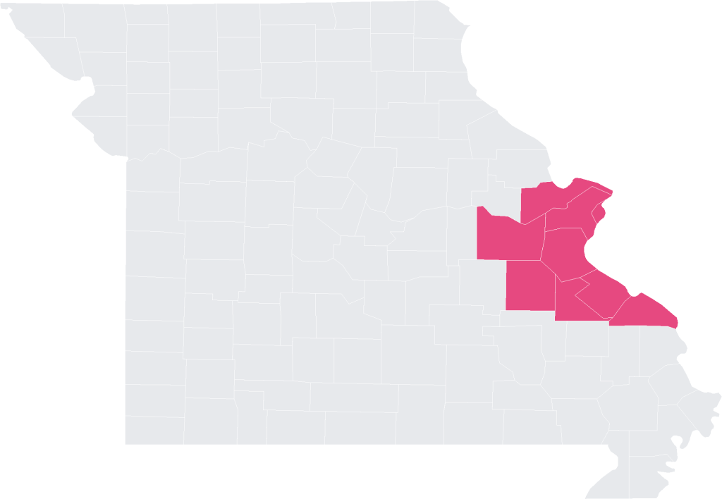 Map of Missouri with InstaGlee's service area counties highlighted — St. Louis, Jefferson, St. Charles, Franklin, Washington, Sainte Genevieve, St. Francois, and Perry